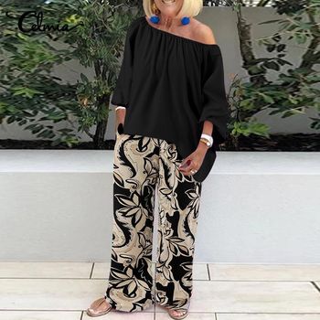 Celmia Pants Sets Fashion One Shoulder 3/4 Sleeve Tops Floral Print Wide Leg Trousers Women Two Piece Sets Casual Loose Suits 1