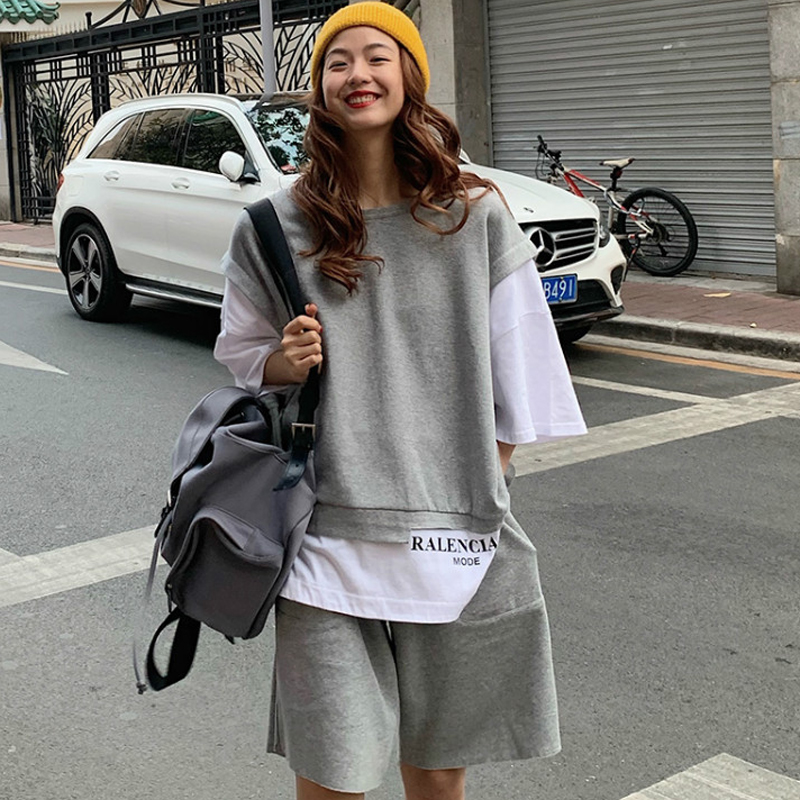 Womens Tracksuits Summmer fake two Piece Outfit Grey Oversize T Shirt and Sporting Short Pants Solid Color Streetwear Sweat Sets 1