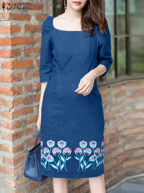 ZANZEA Summer Women Square Neck Dress Fashion Denim Short Sundress Elegant Puff 3/4 Sleeve Dresses Solid Vintage Printing Robes 1