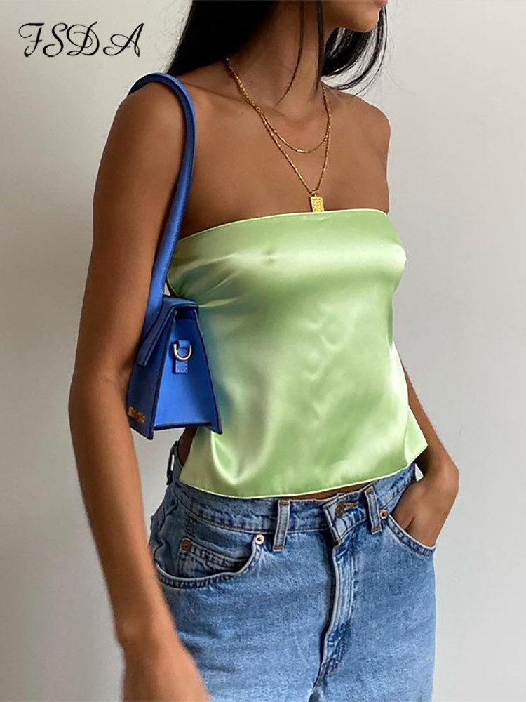 FSDA 2022 Satin Backless Sexy Crop Top Women Green Y2K Summer Cami Bandage Sleeveless Strapless Tank Tops Off Shoulder 1