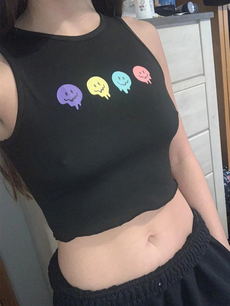 Y2K Smiley Print Cartoon Graphic Crop Top Women Summer Streetwear Harajuku Gothic Sleeveless Black Tank Top Emo Tee Shirt 2022 2