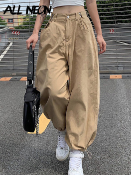ALLNeon Y2K Fashion Khaki Oversized Cargo Pants Hip Hop Style Loosed Adjustable Waist Drawstring Long Pant Streetwear 90s Autumn 1