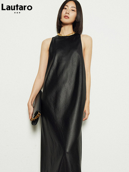 Lautaro Spring Black Extra Long Faux Leather Tank Dress Autumn Elegant Stylish Backless Maxi Dresses for Women Clothing 2021 7