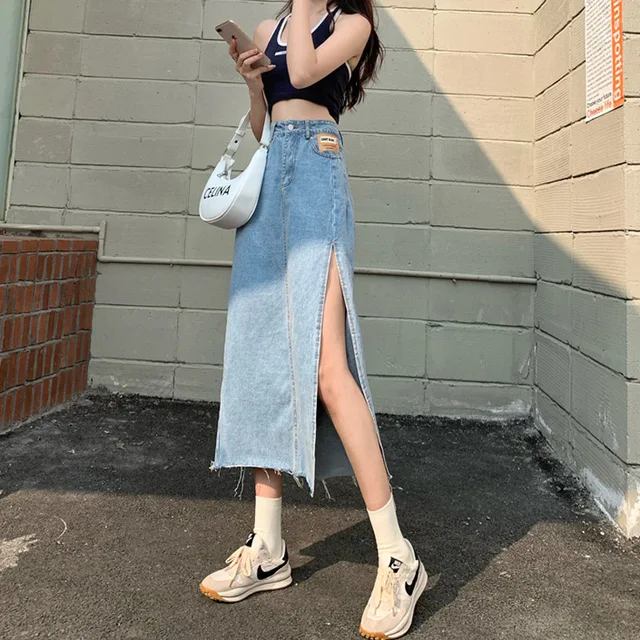 Korean Fashion Y2k Black Midi Skirts Jeans for Women Long Skirt Female Stretch Vintage Loose Sexy Knee Length Denim Skirt 1