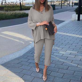 2PCS Spring Lapel Neck Long Sleeve Blouse Suits ZANZEA Women OL Matching Sets Casual Pant Sets Solid Work Sets Urban Tracksuit 1