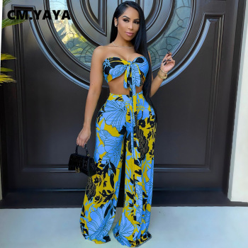 CM.YAYA Women Set Print Sleeveless Strapless Bandage Crop Tops Wide Leg Pants 2 Two Piece Sets Casual Fashion Streetwear Summer 1
