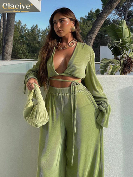 Clacive Sexy Green Pants Set Women Casual Loose Bandage Blouses Shirt Matching Wide Leg Trousers Suit Elegant 2 Piece Pant Set 1