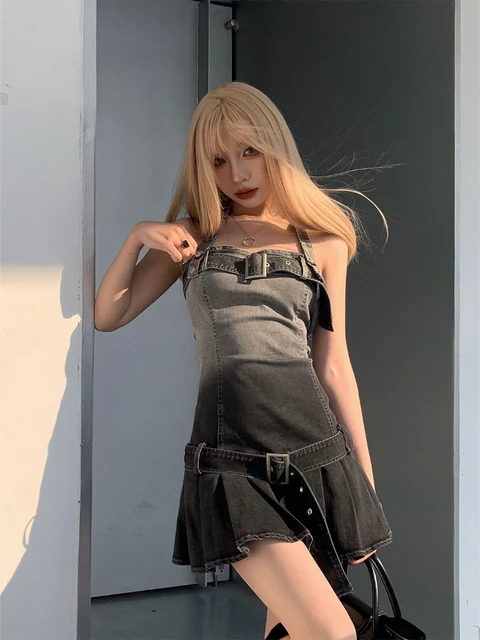 y2k Gradient Denim Dress Women Spice Girl Super A Design Summer Hanging Neck Breasted Waist Slim Pleated Skirt bodycon dress 1