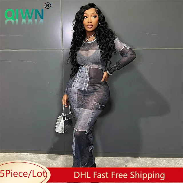 5Pcs Bulk Wholesale Printing Maxi Dress Women Casual Lmitation Denim Pattern Long Sleeve Bodycon Dresses Sexy y2k Sundress 10659 1