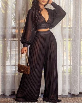 RMSFE 2021 Ladies Long Sleeved Black V-Neck Top Loose Stitching Pleated Wide Leg Pants Two-Piece Set 1