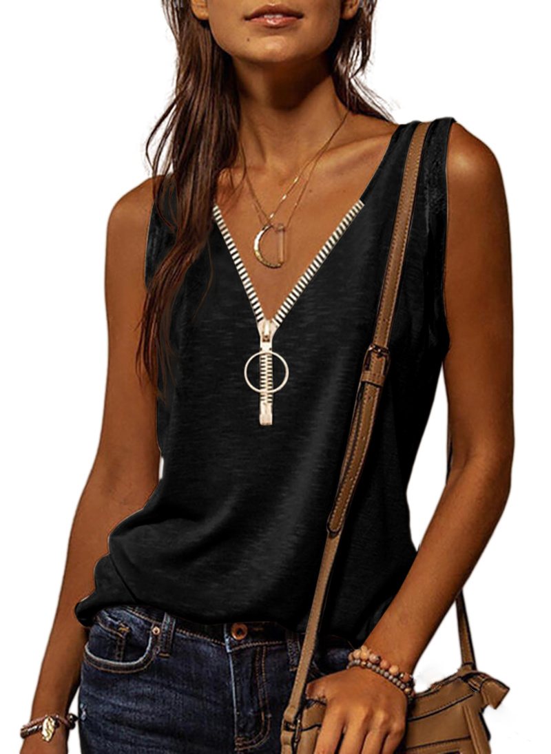 Tank Top Women Summer Loose Solid Colour Zipper Top V-neck Sexy Streetwear Vest Sleeveless Camisole Vest Fashion Basic Blouse 1