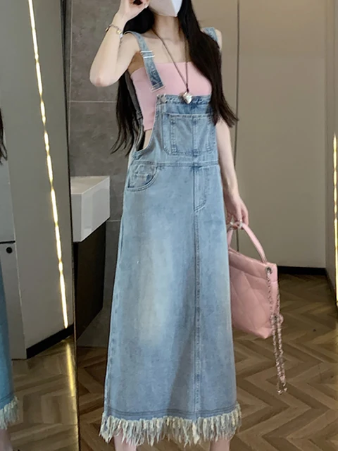 Summer New Korean Denim Suspender Dress Women Leisure Pockets Tassel Length Overall Dress Trendy Ladies Strap Dress 1