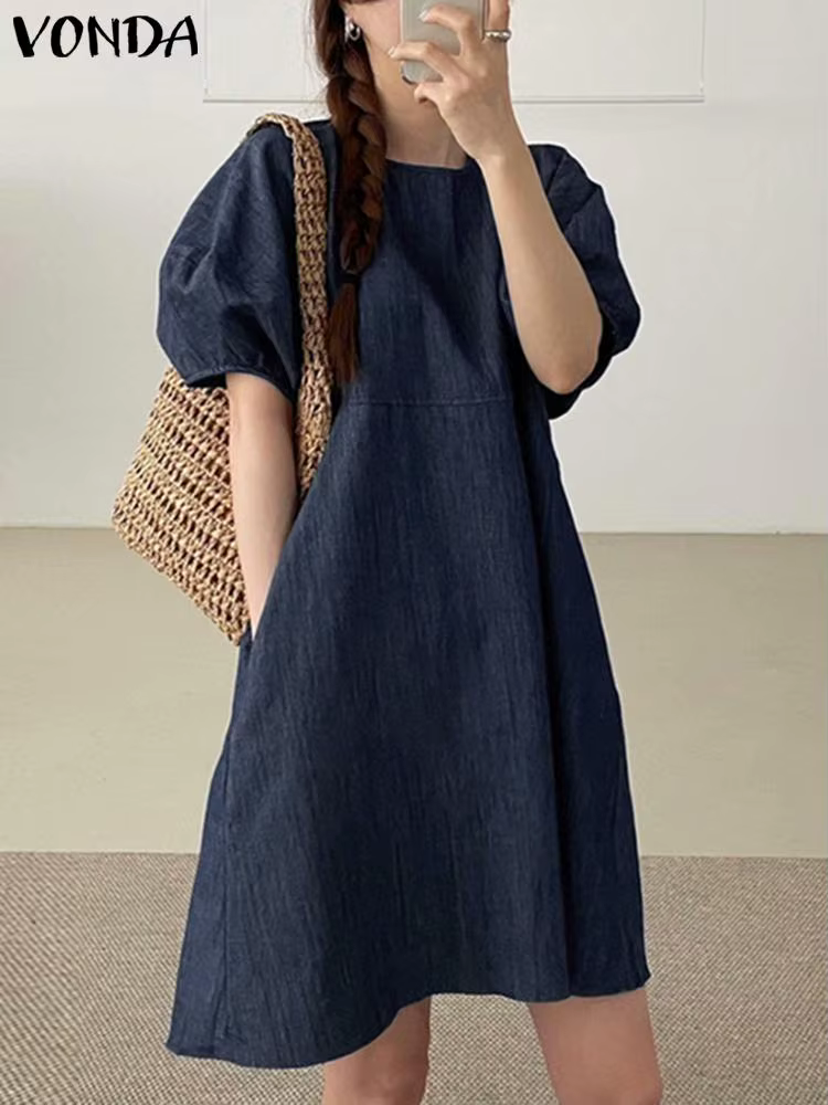 VONDA Women Dress 2023 Casual Short Puff Sleeve Party Denim Dress Elegant Sundress Solid Color Vestidos Bandage 3 VONDA Women Dress 2023 Casual Short Puff Sleeve Party Denim Dress Elegant Sundress Solid Color Vestidos Bandage 3