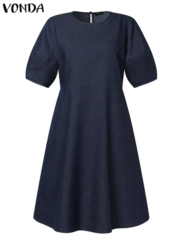 VONDA Women Dress 2023 Casual Short Puff Sleeve Party Denim Dress Elegant Sundress Solid Color Vestidos Bandage 4 VONDA Women Dress 2023 Casual Short Puff Sleeve Party Denim Dress Elegant Sundress Solid Color Vestidos Bandage 4