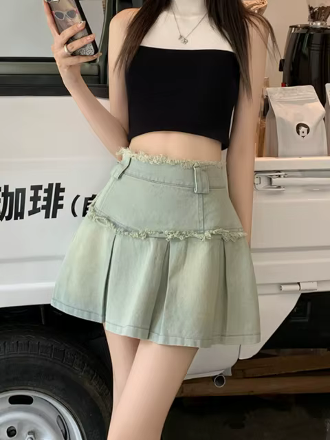 New Retro Fleece Denim Short Skirt for Women's 2024 Summer New High Waist Slim A-line Skirt 1