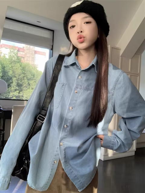 Korejepo American Retro Denim Shirts Lapel Single Row Multi Button Mid Length Shirt 2024 Early Spring New Women Long Sleeved Top 1