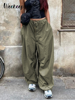 Weekeep Casual Low Rise Cargo Pants Green Oversized Streetwear Capris Hip Hop Baggy Wide Leg Sweatpants Y2k Trouser Lady Clothes 1