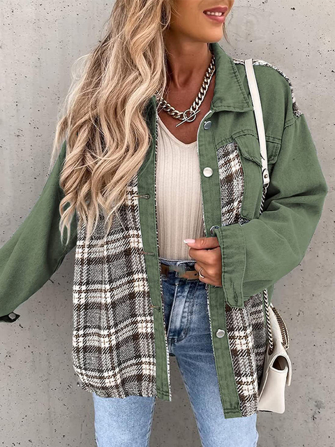 Plaid Shirts Jacket Women Vintage Loose Denim Jacket Female Fashion Retro Button Long Sleeve Jean Jacket Ladies Casual Outwear 1