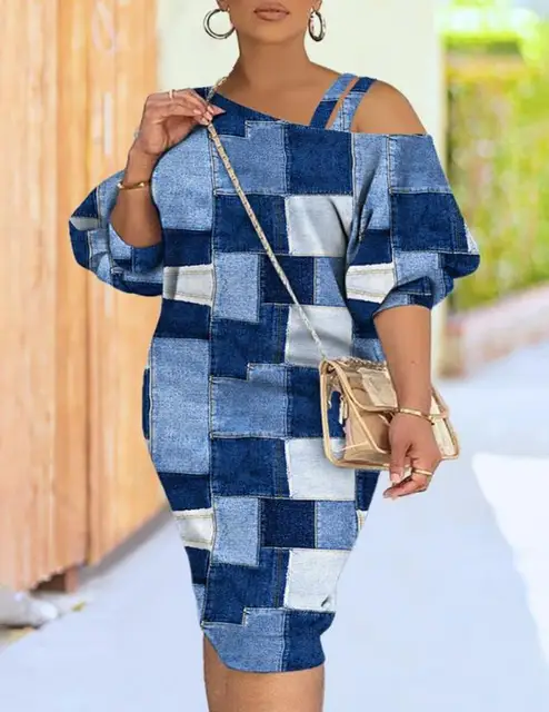 Oversized Women's Round Neck Dresses Contrasting Printed Casual Fashion Denim Cold Shoulder New Summer Short Sleeve Pencil Dress 1
