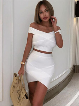 Free Shipping New Summer Dress Women 2022 Sexy Off the shoulder 2 Pieces White Bandage Dress Elegant Party Dress Vestido 1