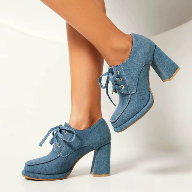 Plus Size 41 42 43 Spring Autumn New Lace Up Denim Jeans Ankle Pumps Women Platform Cross Tied High Heels Oxford Shoes Blue Pink 1