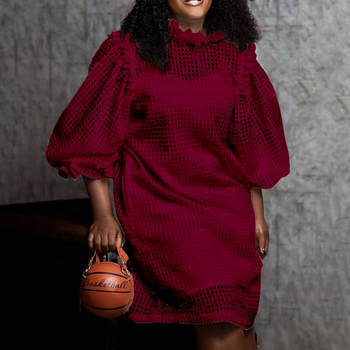 Fashion Puff Sleeve Elegance Dress 2021 Autumn New Hollow Solid Color Two-Piece Dresses Casual African Women's Clothing Dress 4