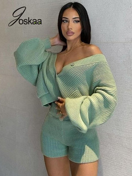 Joskaa Sexy Two Piece Set Women Clothes Solid Knitted Sweater Cardigan and Shorts Sets Cozy Fall Outfit 2021 Fashion Streetwear 1