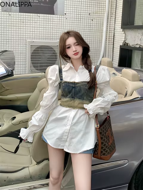 Onalippa Vintage Two Piece Sets Womens Outfits Puff Long Sleeves Bottoming Mid-length Shirts Back Elastic Denim Cropped Tank Top 6