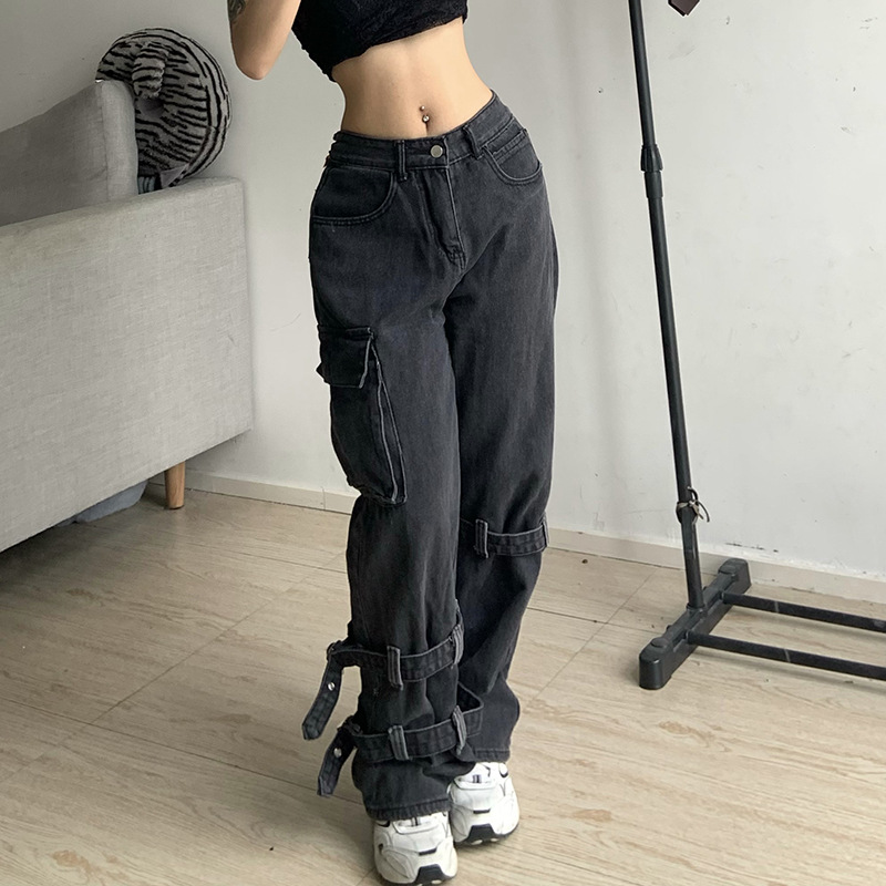 Low Waist Jean Retro Grunge Oversized Women's Fashion Streetwear Strap Pocket Retro Skinny Jean denim joggers 2