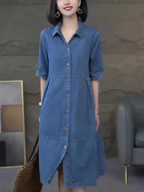 New Korea Fashion Summer Short Sleeve Women Denim Cardigan Dress Ladies Womens Loose Dresses Casual Cardigans Cotton Long Dress 1