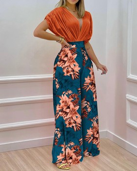 Summer Two Piece Set Women Fashion V-neck Bat Sleeve Top Printed Wide-leg Pants Suit Casual Two Piece Set Women 3