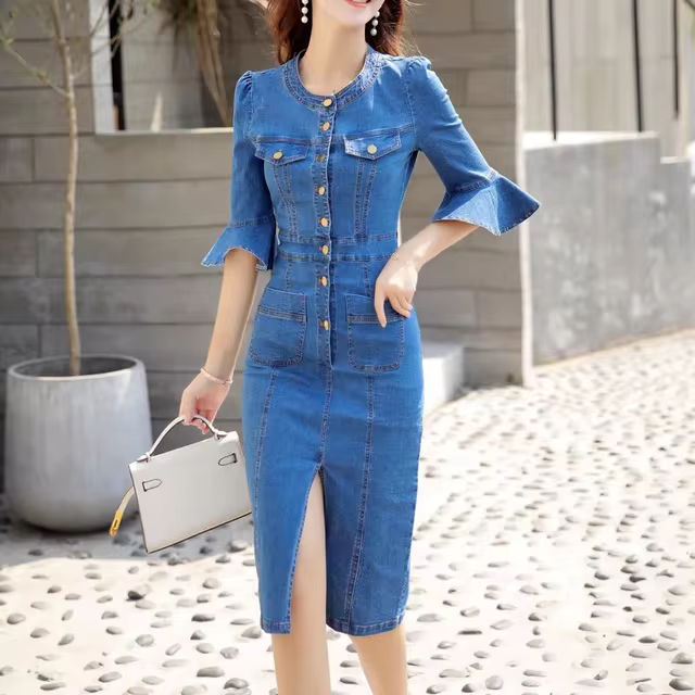 Autumn Denim Dress Women Korean Flare Sleeve Bodycon O-Neck Office Lady Vintage Single-breasted Slim Knee Length Dress 1