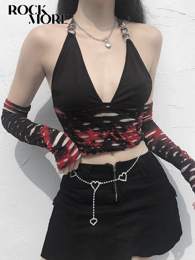 Rockmore Fairy Grunge Print Crop Top With Arm Gloves Gothic Dark Academic Vintage Corset Women Streetwear Sexy Halter Camis 2021 1