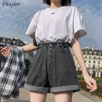 FTLZZ New Summer Women High Waist Button Wigh Leg Jeans Shorts Casual Female Loose Fit Blue Denim Shorts 1