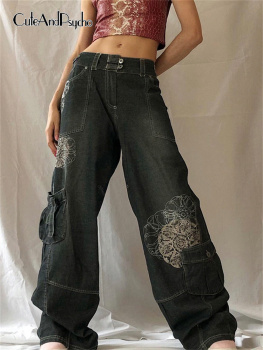 Retro Graphic Print Y2K Baggy Jeans Grunge Fairycore High Waist Cargo Denim Trousers Streetwear Casual Sweatpants Cuteandpsycho 1