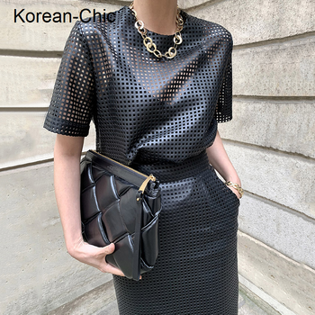 2022 Dress South Korean Chic Round neck dress woman Mesh Hollow Out Leather Short Sleeve Top High Waist Buttock Skirt Suit 1