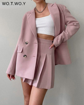 WOTWOY Suits and Pleated Skirts 2 Piece Set Women 2022 Spring Autumn Elegant Solid Outfits Sets Female Office Ladies Blazer Suit 1