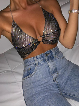 SRUBY Sexy Crop Top Women Two Piece Set Festival Beach Club Outfits Party Tank Top T Shirt Woman Halter Rhinestones Tops Summer 2