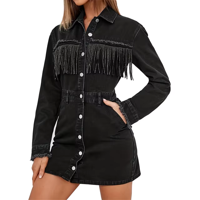 Autumn New Women's Black Long Sleeve Denim Dress Fashion Slim Waist Tassel Sexy Jeans Dress Casual Female Clothing 1