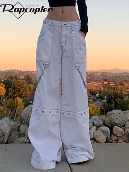 Rapcopter Rivet Chain Cargo Jeans Baggy Pockets Punk Streetwear Sweatpants Korean 90s Joggers 1