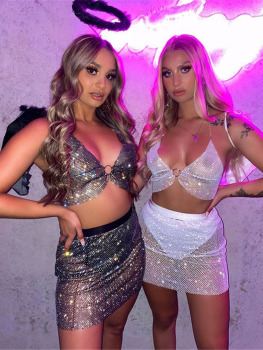 SRUBY Sexy Crop Top Women Two Piece Set Festival Beach Club Outfits Party Tank Top T Shirt Woman Halter Rhinestones Tops Summer 1
