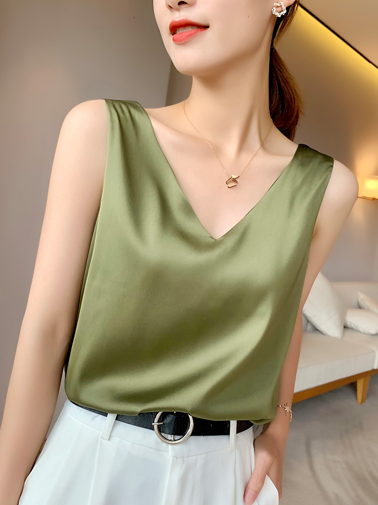 2022 Women's Blouses Summer Chiffon V Neck Plus Size Satin Office Black Women Tunic Elegant Shirts Silk Sling Vest Woman Top 2