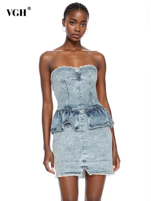 VGH Patchwork Ruffle Casual Denim Dress For Women Strapless Sleeveless Off Shoulder High Waist Slim Sexy Bodycon Dresses Female 1