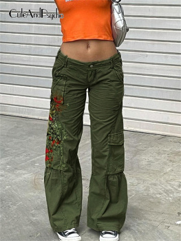 Print Retro Low Waist Cargo Denim Pants Vintage Pockets Punk Grunge Loose Sweatpants 1