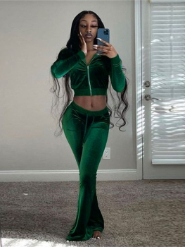 Kliou Solid Velour Two Piece Set Women Simple Casual Zipper Long Sleeve Turtleneck Top+Bandage Lace Slim Female Wide Leg Pants 1