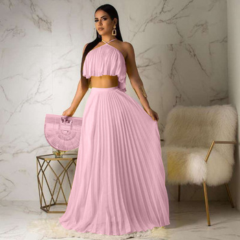 Felyn 2022 New Arrival Famous Brand two pieces Chiffon Dress Solid Halter Ruched Summer Beach Maxi Dress Vestidos 1