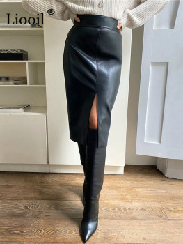 Women Faux Leather Slit Pencil Office Skirt Autumn 2022 New Spring Streetwear High Waist Black Brown Sexy Bodycon Midi Skirts 1