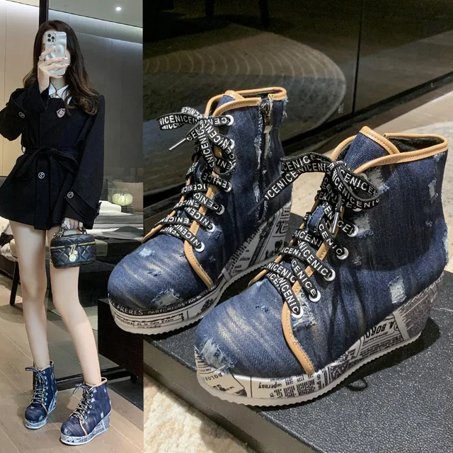 European and American Style Newspaper Bottom Personality Wedged Denim Fashion Boots 2023 New Lace-up Boots 1