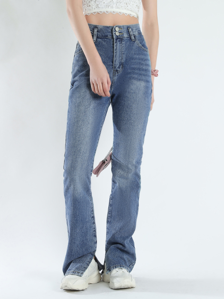 GOPLUS Jeans Woman High Waist Jeans Streetwear Light Blue Denim Trousers Vintage Split Flare Pants Women Korean Pantalon Femme 2