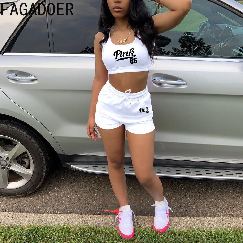 FAGADOER Summer Sleeveless Tank Top Shorts Set Two Piece Set Women Casual PINK Letter Print Tracksuits Female Club Outfits 2022 1
